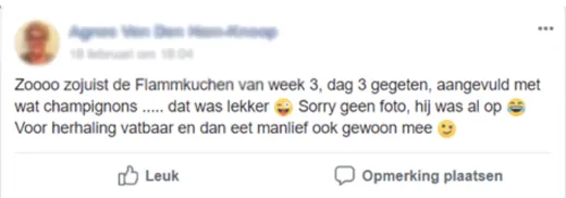 Bericht van een deelnemer op Facebook of in het forum