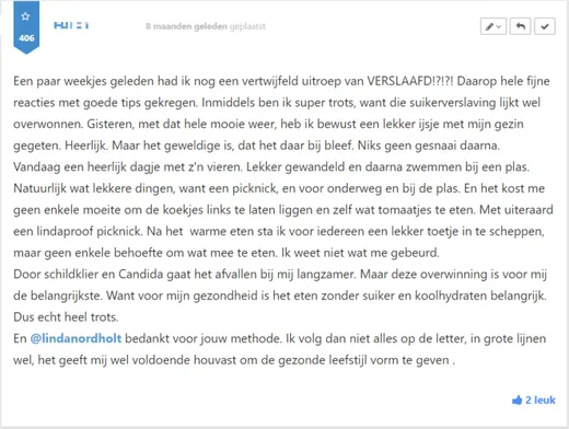 Bericht van een deelnemer op Facebook of in het forum