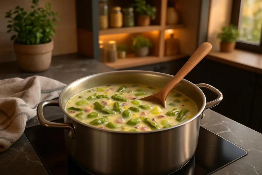 Aspergesoep met gerookte zalm en ei tijdens het maken, van dichtbij.