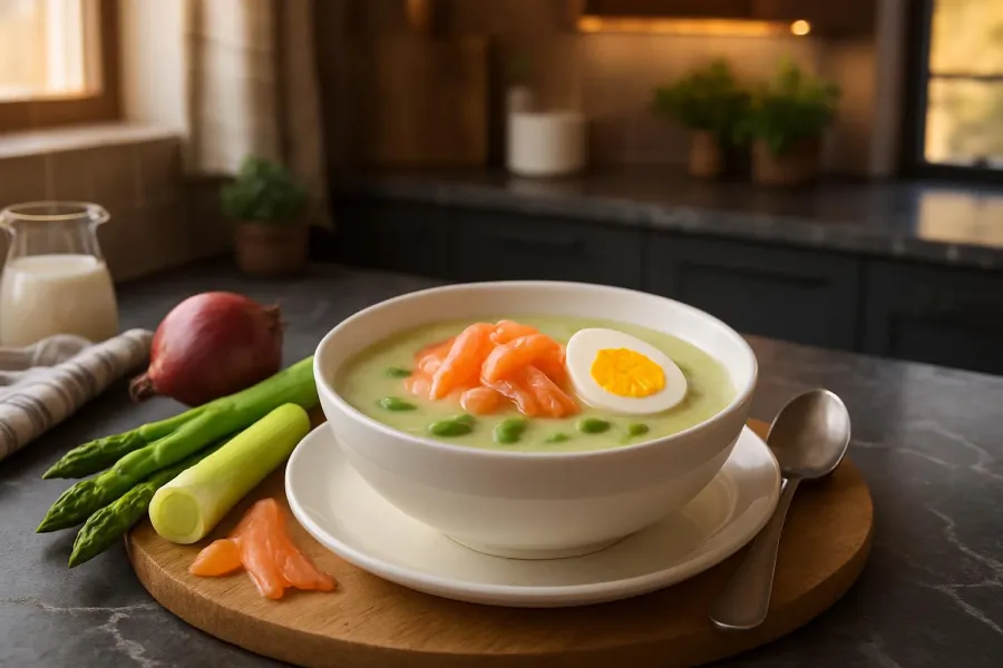 Een opgeschepte portie aspergesoep met gerookte zalm en ei.
