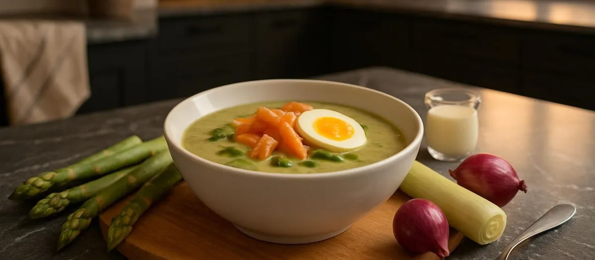 Aspergesoep met gerookte zalm en ei