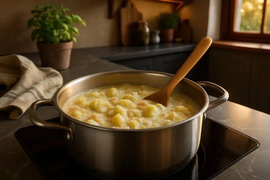 Bloemkoolsoep met garnalen tijdens het maken, van dichtbij.
