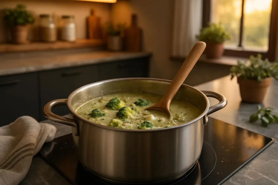 Broccolisoep met gerookte kip en roomkaas tijdens het maken, van dichtbij.