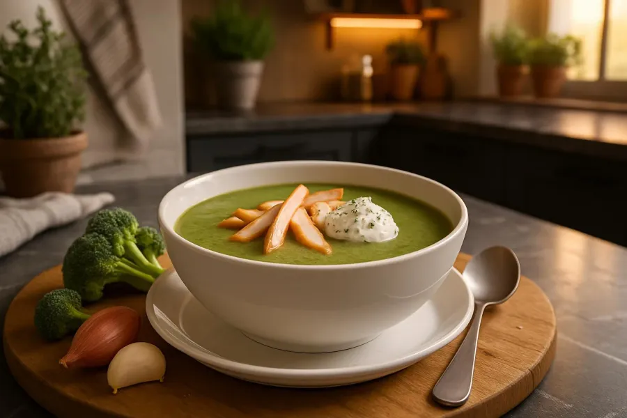 Een opgeschepte portie broccolisoep met gerookte kip en roomkaas.