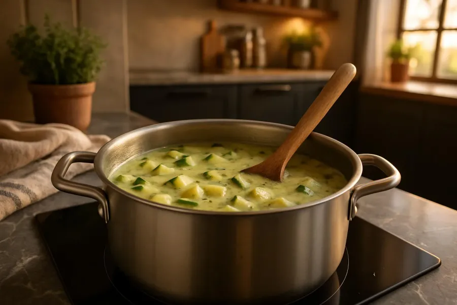 Courgettesoep met smeerkaas tijdens het maken, van dichtbij.