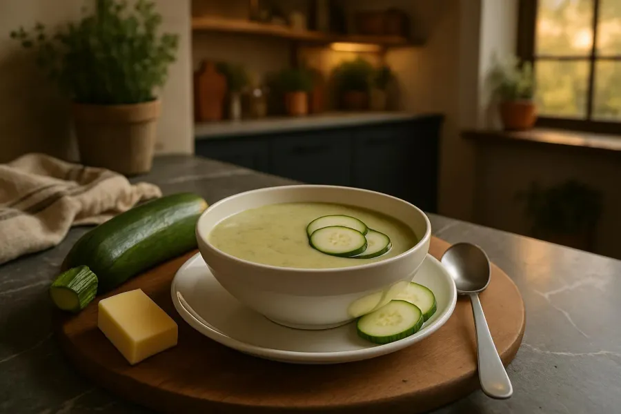 Een opgeschepte portie courgettesoep met smeerkaas.