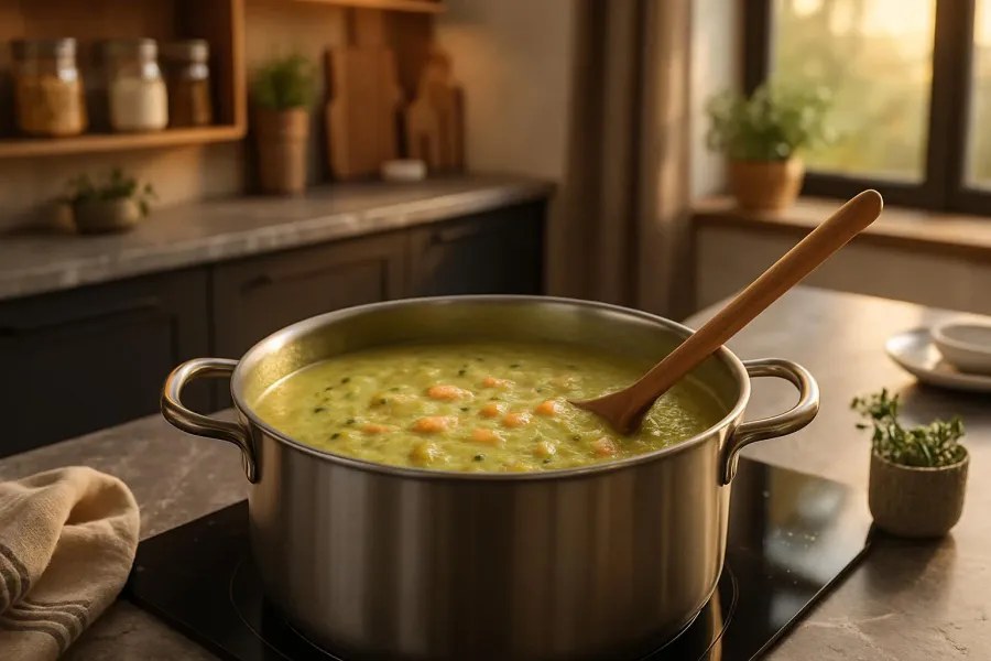 Courgettesoep met zalmsnippers tijdens het maken, van dichtbij.