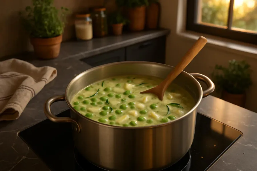 Doperwtensoep met feta en gerookte kip tijdens het maken, van dichtbij.