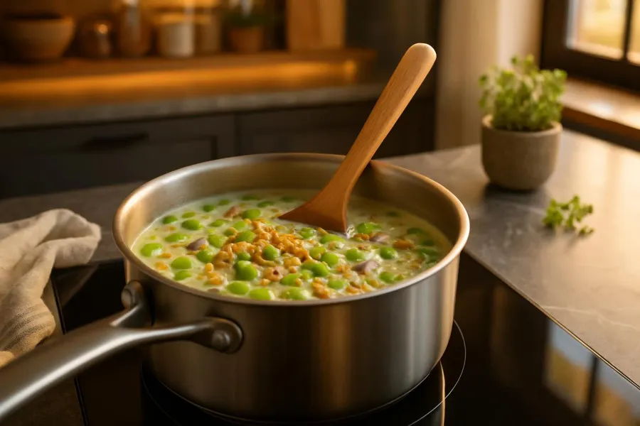 Edamamesoep met kokosmelk tijdens het maken, van dichtbij.