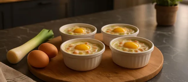 Foto bij: eitjes uit de oven met prei en garnalen