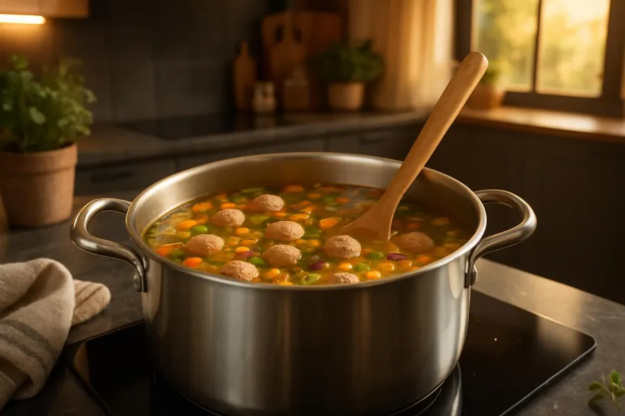 Groentesoep met gehaktballetjes tijdens het maken, van dichtbij.