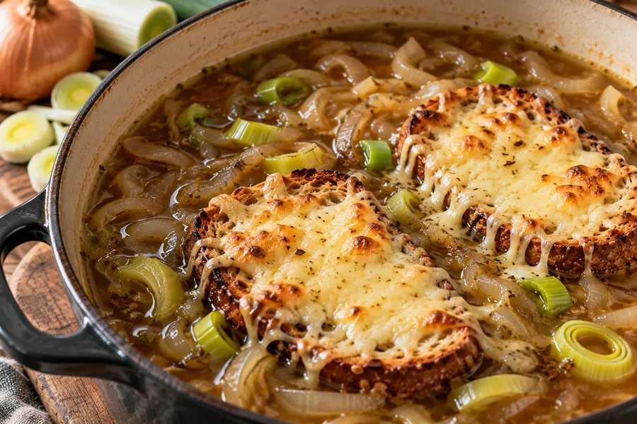 Heldere uiensoep met koolhydraatarm kaasbrood tijdens het maken, van dichtbij.