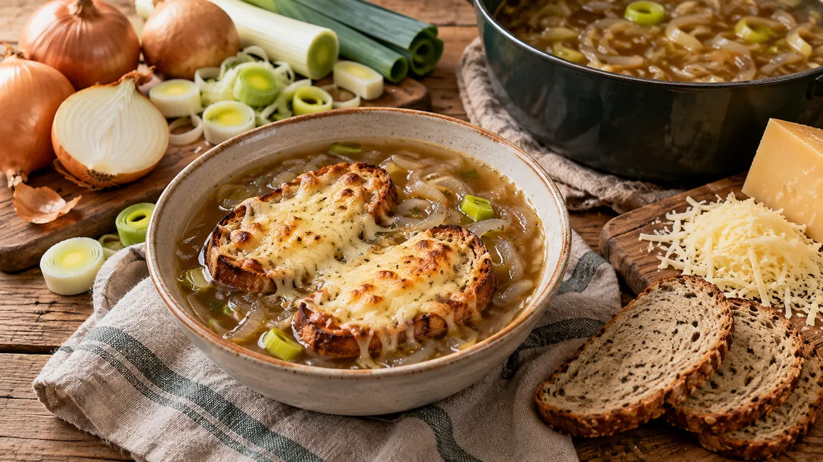 Heldere uiensoep met koolhydraatarm kaasbrood