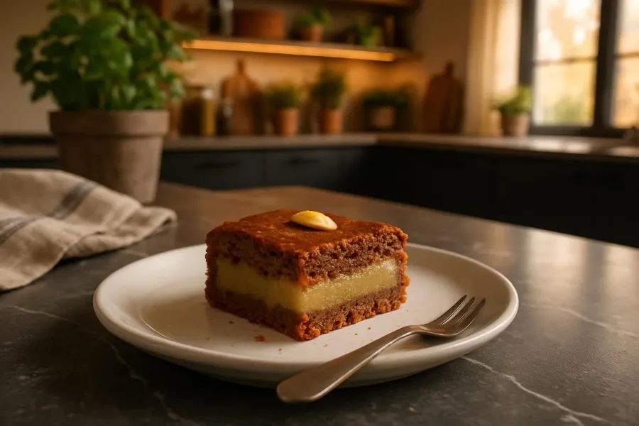 Een opgeschepte portie koolhydraatarme gevulde speculaas met amandelspijs.