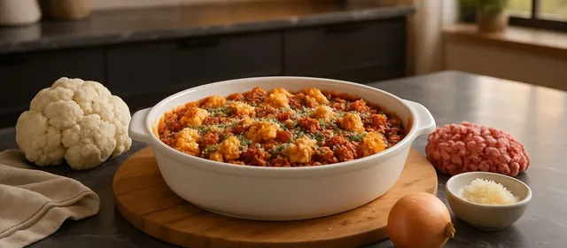 Foto bij: ovenschotel met gehakt, tomaat en bloemkool