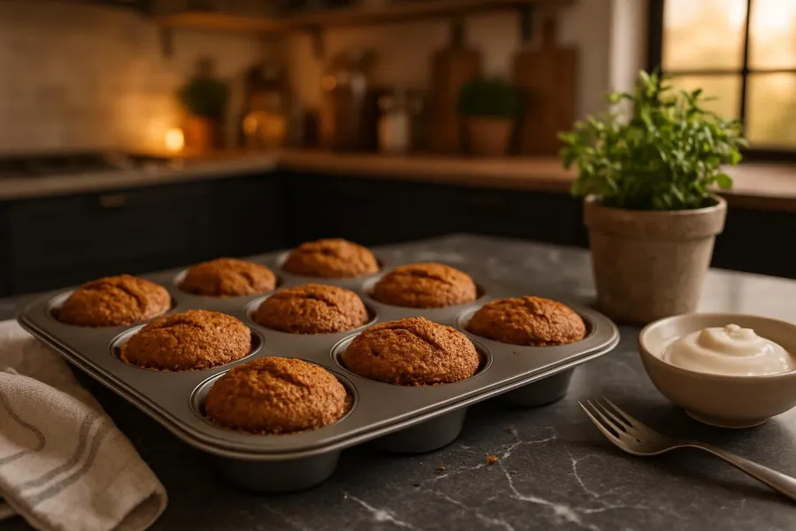 Koolhydraatarme sinterklaasmuffins met speculaaskruiden tijdens het maken, van dichtbij.