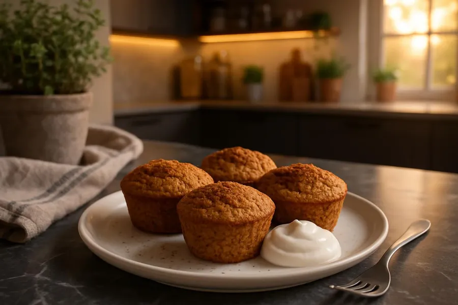Een opgeschepte portie koolhydraatarme sinterklaasmuffins met speculaaskruiden.