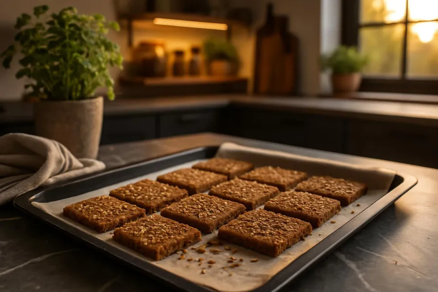 Koolhydraatarme speculaasbrokken met sesam en lijnzaad tijdens het maken, van dichtbij.