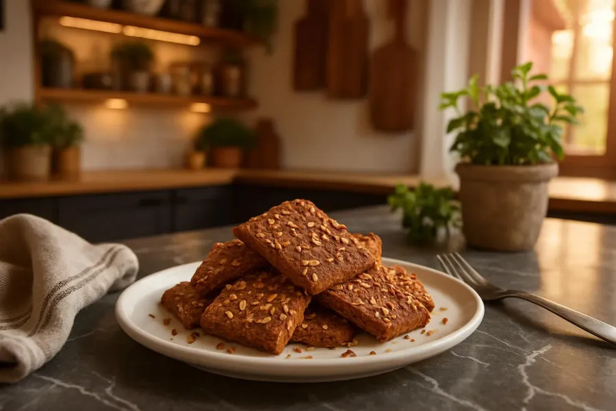 Een opgeschepte portie koolhydraatarme speculaasbrokken met sesam en lijnzaad.