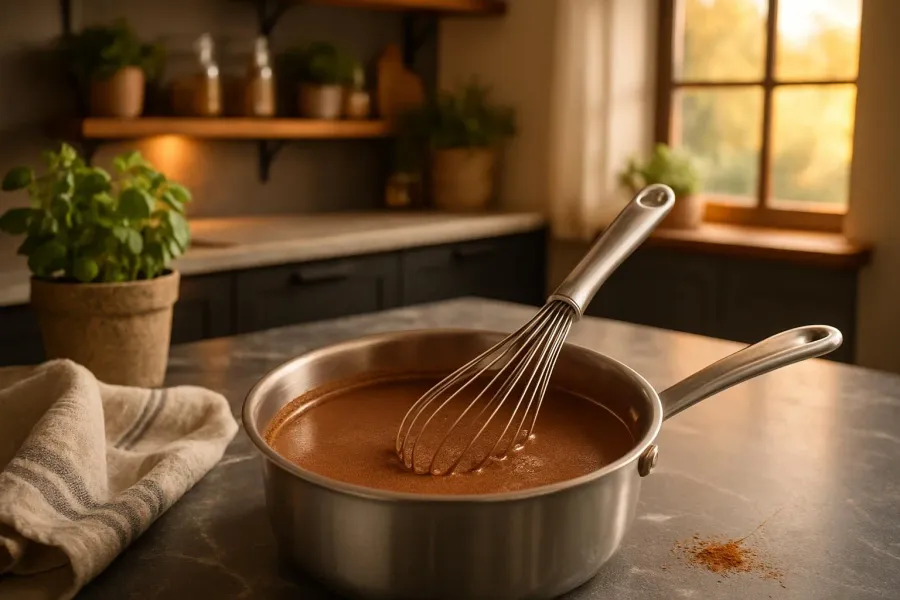 Koolhydraatarme warme chocolademelk met speculaas tijdens het maken, van dichtbij.