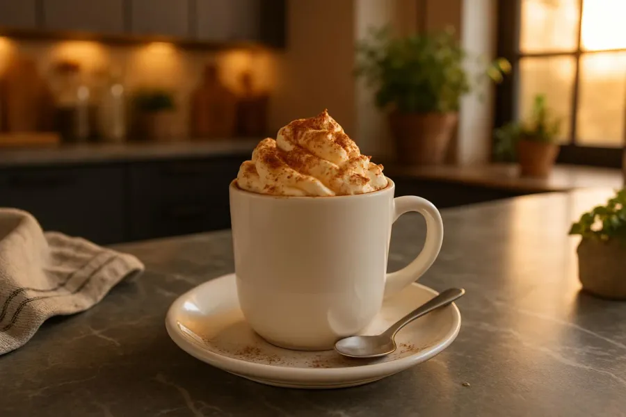 Een opgeschepte portie koolhydraatarme warme chocolademelk met speculaas.