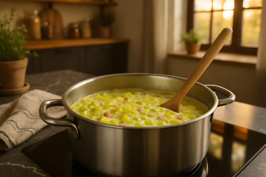 Preisoep met ham en slagroom tijdens het maken, van dichtbij.