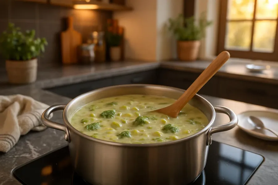 Romige prei-broccolisoep met roomkaas tijdens het maken, van dichtbij.