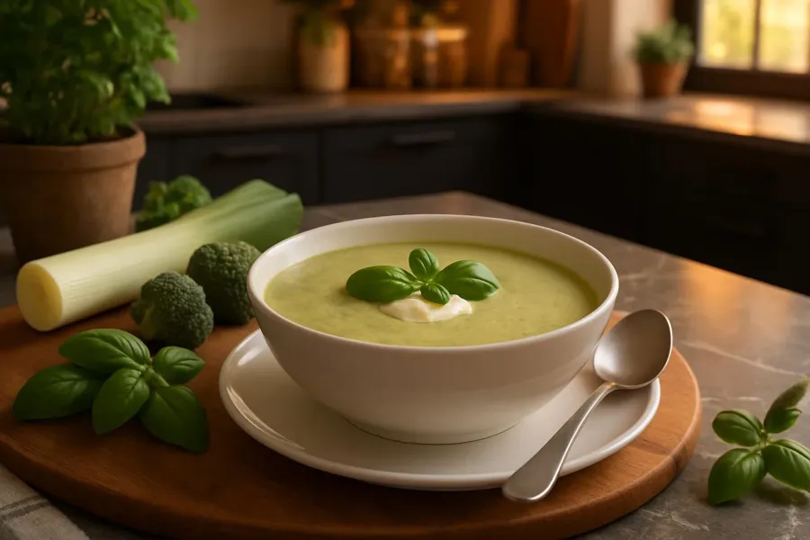 Een opgeschepte portie romige prei-broccolisoep met roomkaas.