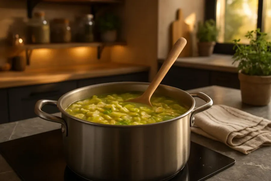 Snelle preisoep met kip tijdens het maken, van dichtbij.