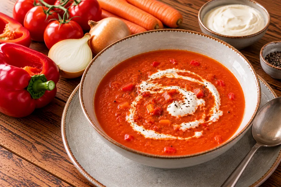 Een opgeschepte portie tomaten-paprikasoep met crème fraîche.