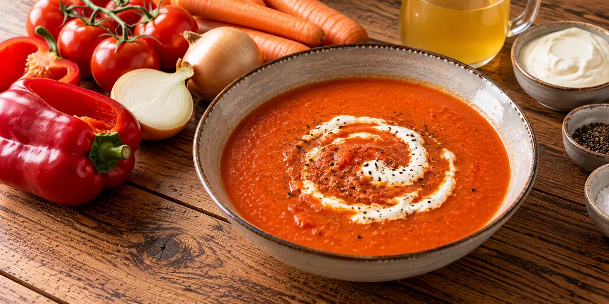 Tomaten-paprikasoep met crème fraîche
