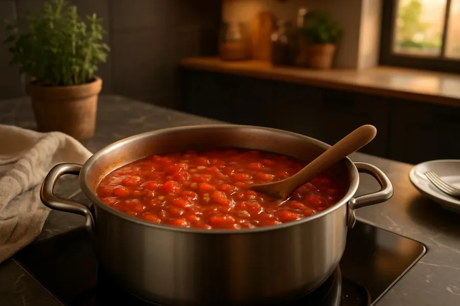 Tomatensoep van verse vleestomaten tijdens het maken, van dichtbij.