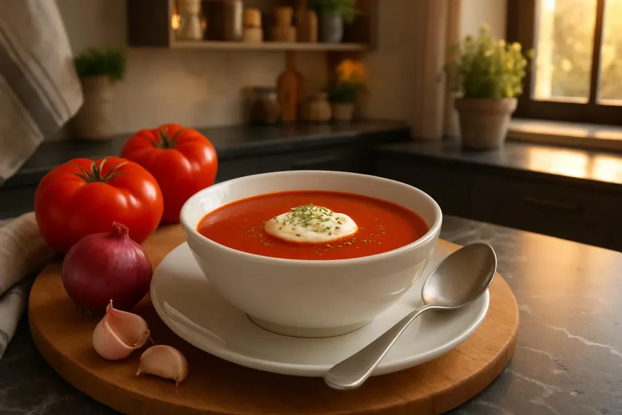 Een opgeschepte portie tomatensoep van verse vleestomaten.