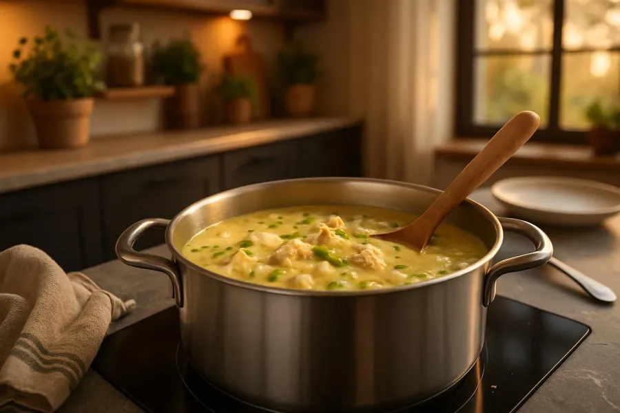 Venkelsoep met kip en roomkaas tijdens het maken, van dichtbij.