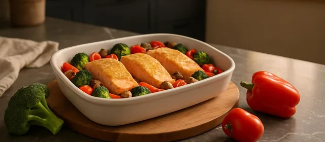 Foto bij: zalmschotel met groenten uit de oven